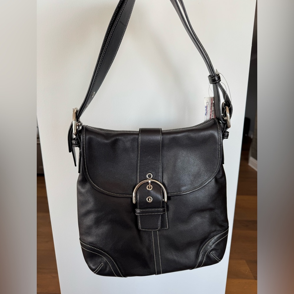 NWT Authentic Black Leather Coach Shoulder Bag with Silver Hardware - Brand New